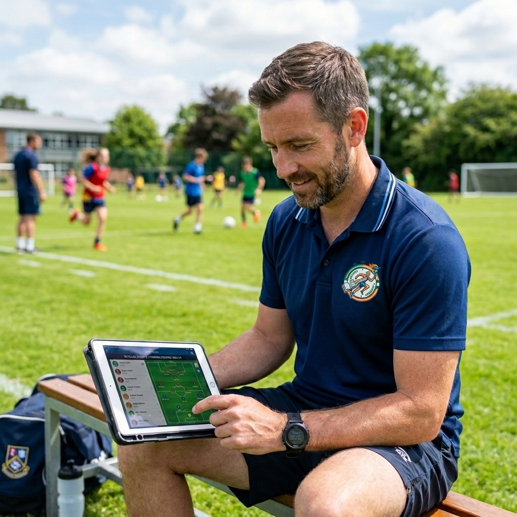 Profesor usando Crea-Ef en tablet al aire libre